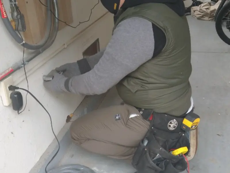 Electrician performing outlet wiring in a Spring garage